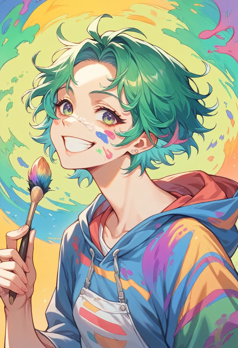 1 female, short green hair, teenager female, smile facial, An artist, colorful background city, Stunning light from distant brightens the scene, paintbrush, colorful clothes, Casts a deep shadow on the clothes, close up, masterpiece