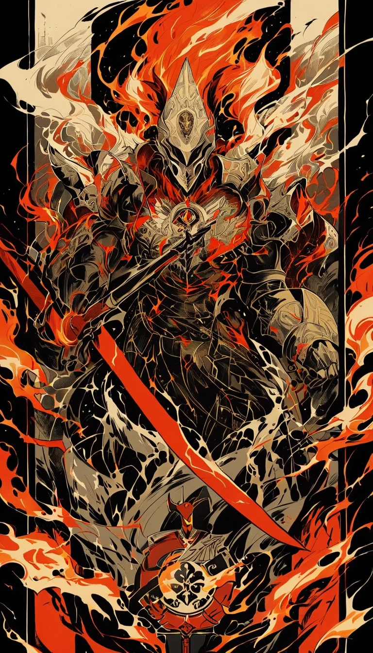 In his transformation, the young Japanese delinquent becomes an imposing figure, marked by a fusion of ancient power and fire. His thin body takes on an almost mythical air, as each muscle contour now seems to be faintly illuminated by an internal flame, as if fire were running through his veins. His skin acquires a faint reddish glow, reflecting the heat of this intense energy, and a flaming aura surrounds his body, oscillating as if he were in controlled combustion. On his head appears a helmet inspired by Greek warriors, but composed entirely of living fire. The structure of the helmet has a crest-shaped top, reminiscent of the helmets of ancient hoplites, except that instead of feathers or metal, this crest is an intense flame, which rises in an incandescent glow of orange and red, with sparks dancing around it. The visor of the helmet is semi-open, with contours that highlight his features, allowing his eyes to be visible;  His eyes, in fact, now glow like embers, with deep red irises that exude a serene fury. Over his shoulders, he carries an ethereal armor, as if made of plates of solid fire, in shades of red and gold. The armor covers his chest and shoulders in a symbolic way, projecting in angular shapes that resemble the coats of arms of ancient warriors, but leaving his arms free for quick movement. The flames that make up this armor sway with each movement, providing a visual spectacle as if he were a figure straight out of myth. In his hands, weapons appear that also follow the Greek style, but made entirely of fire. In one hand, he wields a flaming spear, the tip of which glows intensely and emits small flames each time he moves it. This spear is long and elegant, with carvings that seem to be carved in liquid fire, giving it an imposing and at the same time dangerous design.  In his other hand he holds a round shield, of the type used by ancient Greek warriors, but its outline is of fire, with a central emblem of a phoenix, which seems to move in a hy