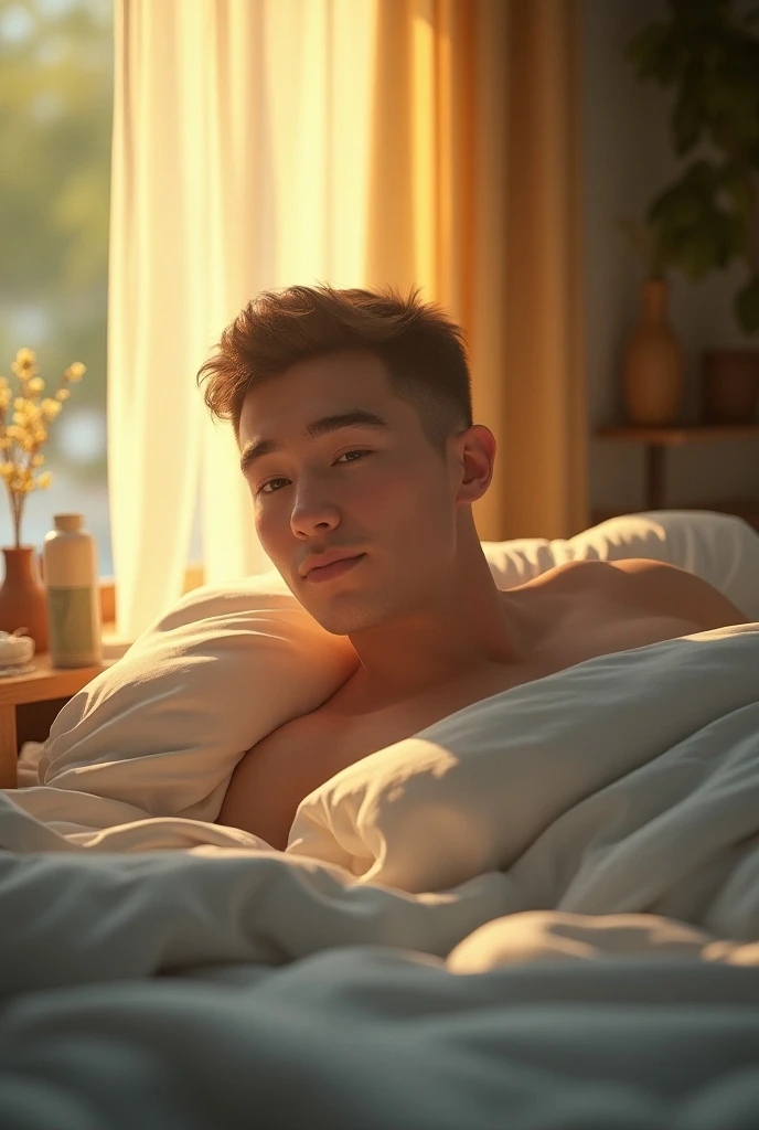 (photorealism:1.2), beautiful yung lad, wearing boxers, in bed, full body, cute face, youngsoft lighting, plants in background, window with sunlight, cozy room, relaxed pose, realistic, intricate details, warm colors,