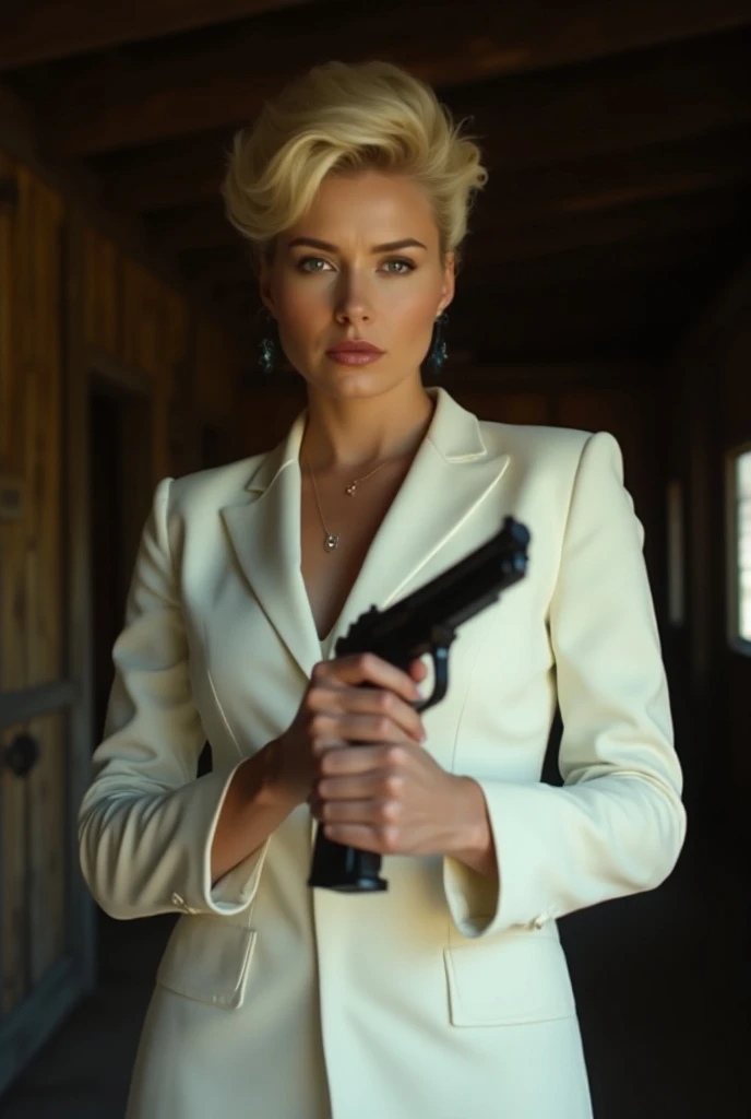The female actress Dyanne Thorne only with long blonde hair and wearing a black turtleneck and beige jeans, and she's pointing a revolver, sadic happines facial expression, 1940s german office background, 80s sitcom style.