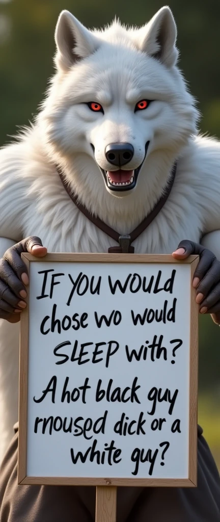 White wolf, anthro male muscular, red eyes, Looking at the viewer, Outdoors posing for the camera, Holds a sign with text. "If you could choose who you would sleep with? A hot black guy with a big dick or a white guy?"