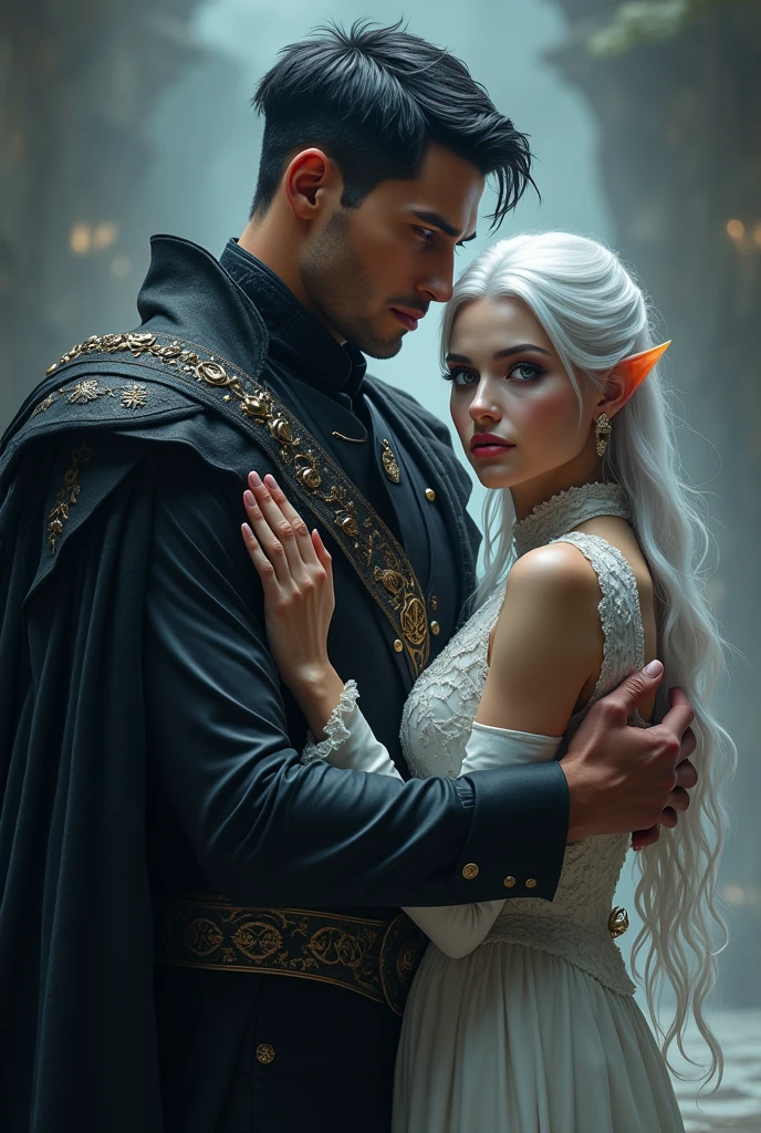 Drawing of a man and a woman, Elf girl with silver hair, An elf with long black hair, Hand detailing, Finger detailing, Face detailing, Sitting on the bed, charlie bowater and artgeem, He holds her in his arms, While she sleeps, inspired by Magali Villeneuve, Edmund Blair and Charlie Bauer, romance novel cover, cover illustration, Farnrun, Published art, commission for high res, detailed fanart, Melodrama Fantasy, unfinished