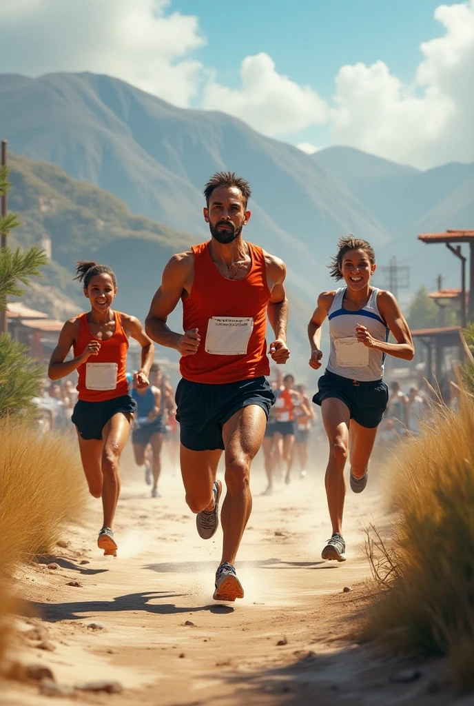 A high-quality photo of a large group of Brazilian people running in a marathon during the daytime. The runners, wearing a variety of colorful athletic gear, are in mid-stride, with expressions of focus and determination. sunlight dapples the ground, creating dynamic shadows. The scene is lively with spectators cheering from the sidelines, and the overall atmosphere is energetic and celebratory.