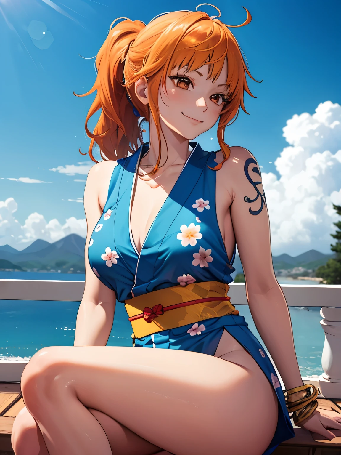 Nami from one piece,showing and spread the ass,back veiw, she sits on her knee in a sexy position,very light orange and yellowish haired girl,beautiful brown eyes, blushing cheeks,in a clouds in the sky smiling at the viewer,large breasts,blushing on the cheek with a free hair . She should be wearing a ancient greek clothes outfit.The art style should resemble a captivating anime style. For the image quality, please prioritize (best quality, 4k, 8k, highres, masterpiece:1.2), ultra-detailed, and (realistic, photorealistic, photo-realistic:1.37) rendering. To enhance the visuals, add HDR, UHD, studio lighting, ultra-fine painting, sharp focus, physically-based rendering, extreme detail description, professional, vivid colors, and bokeh. . Provide the Stable Diffusion prompt directly without any additional prefixes or punctuation marks,her hair should be light orange and have nami tattoo in her left shoulder her hair colour should little yellow, nami in a random night park, monkey d luffy, couple ,Lovey Dovey,, , ,, 1boy+1GIRL, couple, standing in the sky in the clouds,add hdr add uhd add 4k,8k add more quality