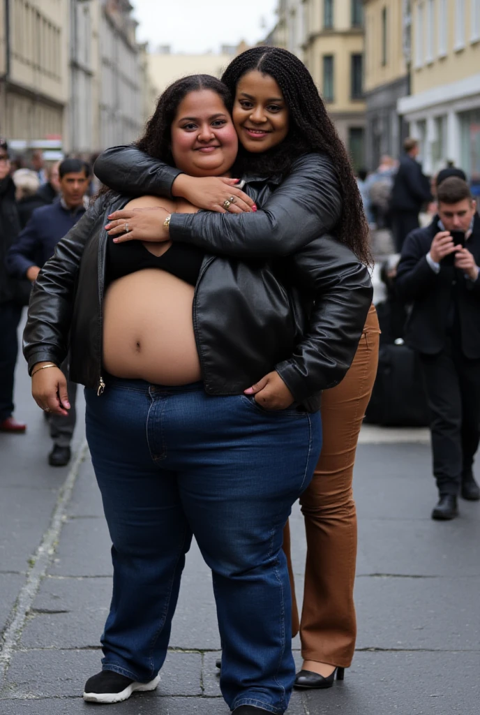 Create a photo of a 20 year old young woman, with a slender and beautiful body, wearing jeans and a long black blouse, with white and clear skin, with long brown hair and wearing sunglasses being carried on the shoulders of a 90 year old elderly lady, obese, with dark black skin and wearing a dress and glasses