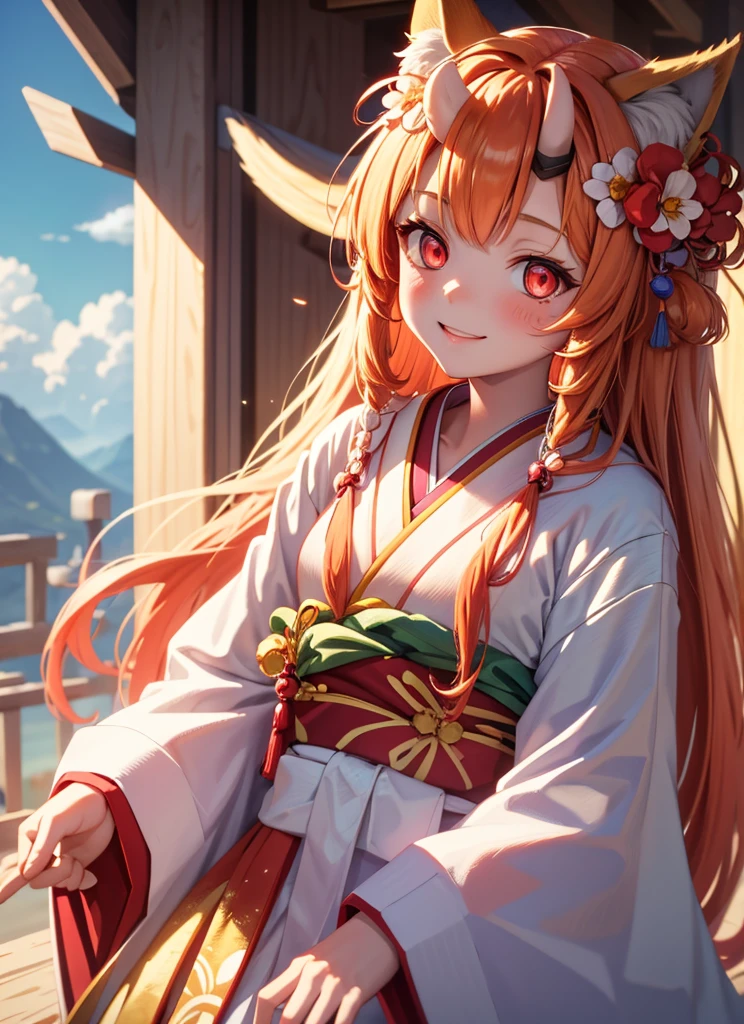 masterpiece,  best quality,  Very detailed, 1 Girl,  alone, (:3:0.9), Animal ears绒毛, Animal ears, Orange Hair,  fluffy hair ,  blush,  brown eyes , flower, Fox ears,  Fox Girls , Gradient, Gradient background, hair flower, Headdress, kimono, kimono,  watches the audience , Shrine maiden,  Smile,  alone, white kimono,  beautiful lighting 