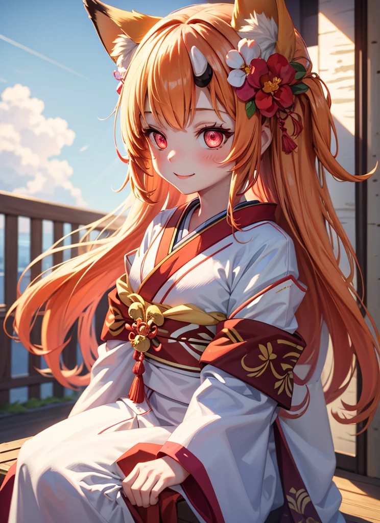 masterpiece,  best quality,  Very detailed, 1 Girl,  alone, (:3:0.9), Animal ears绒毛, Animal ears, Orange Hair,  fluffy hair ,  blush,  brown eyes , flower, Fox ears,  Fox Girls , Gradient, Gradient background, hair flower, Headdress, kimono, kimono,  watches the audience , Shrine maiden,  Smile,  alone, white kimono,  beautiful lighting 