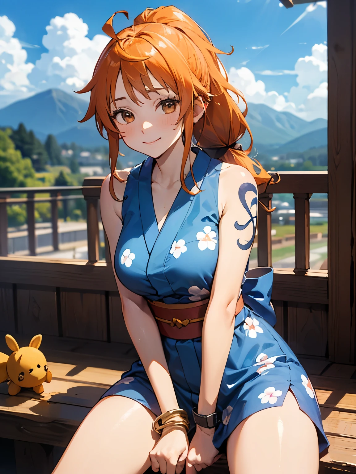 2D, masterpiece, best quality , anime, highly detailed face , Highly detailed background , perfect lighting , Us, 1 , Alone, long hair, smile, joy, track, japanese clothes, Heart, orange hair, kimono, mature face, bow, light blue kimono, flower, flower print, toys, looking at the spectator , sleeveless kimono, ahoge, hair, hair bow, sky, is, bracelet, sleeveless, ;\), blue bow, outdoor, breasts, cloud, Closed mouth, ponytail , blue sky, brown eyes , orange eyes, Nami tattoo on left shoulder, bare shoulders, very long hair, sidelocks, fringe, collarbone, upper body, tattoo on left arm , bare arms, official alternative costume, blurry, alternative costume, medium breasts, blurry background, eyelashes, mountain, parody, cloudy sky, sitting, Open legs, bare legs, pussy, Sensual, shiny hair, bracelet, wavy hair