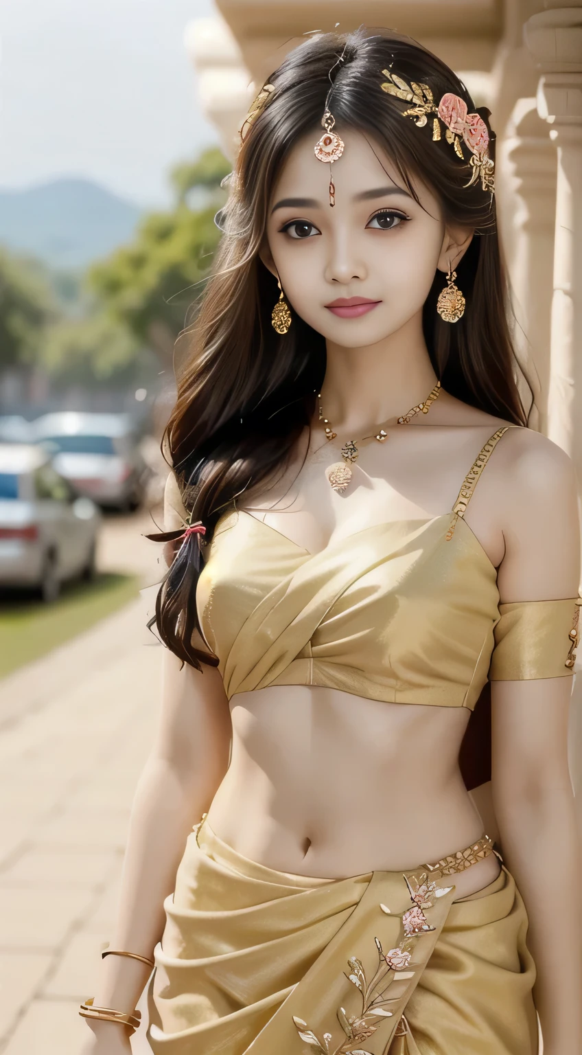 (((desi girl))), beautiful, stunning face, natural skin, wearing hot deep neck top and dupatta, perfect body, charming black hair, ((hair ends are blonde)), city streets background, bokeh