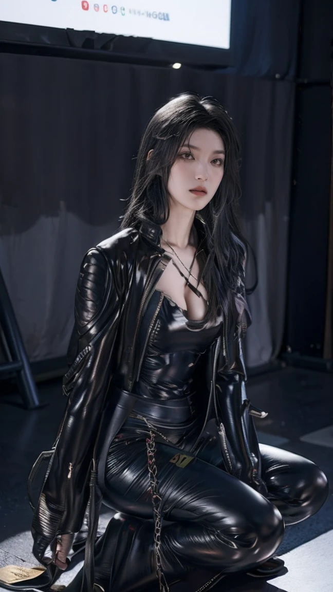 (masterpiece), best quality, HD, 4K, perfect face, black hair, cum, oichi, drunken eyes, hetero, torned leather Jacket, hairband, black long hime hair, short cut, arrogant face, collarbone, muscular, knee, ABS collarbone, shoes, sweaty,  unworn pants, tight, sticky body, hot, sweats, sengoku background, yellow glowing eyes, tags necklace, piercings, tally, claws finger, bracelets, jewellery, navel piercings, legs tattoos, jewels, anklet, buds, lips, drugged, addict junkies, chains, abused, smiles, happy, scars on skin, training, pills syringe on floor, sick, lips piercings, goth, eyelashes, legs, mindbreak, smile, workout, breasts, nipples, workout, pubic hairs, mother, mom