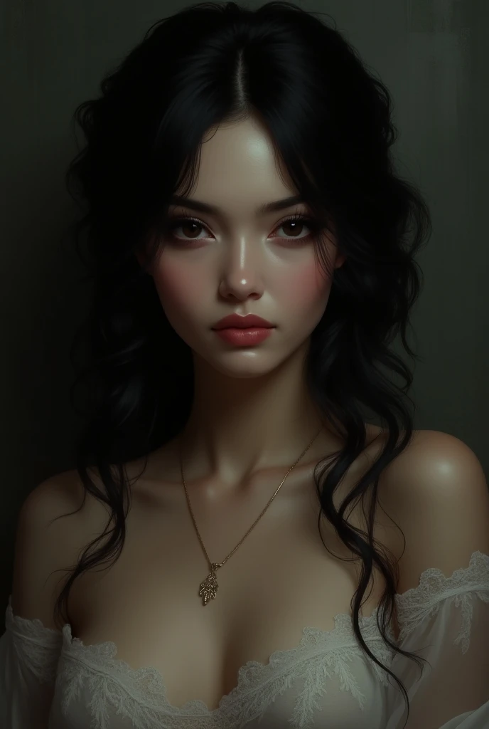 Young woman with feminine features and serious expression, He has black hair, slightly wavy and loose cascading down, with some strands falling around her face. His skin is clear, with subtle freckles on her cheeks and her grey eyes, thick lips .She wears a black dress, lace and V-neck, which gives it an elegant touch that highlights her large bust. She wears a thin necklace