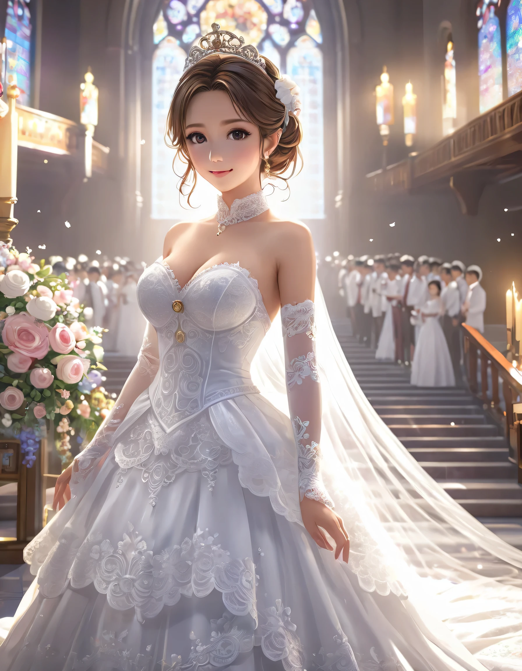 ((Best Quality,  Hi-Res,  Perfect Pixel , 4K)), ( Beautiful Anime Girl ),  depth of written border、  watching the audience,  perfect body,  Yuigahama Yui,  Brown Eyes 、 detail eyes、 single hair bun, (Big Breasts:1.3)、  focus on the chest 、Full body image,white stocking lace wedding dress,  Strapless , Bridal Tiara,  bridal veil, church、 Wedding Style、 smile、、  clevis、belly button、Thighs、