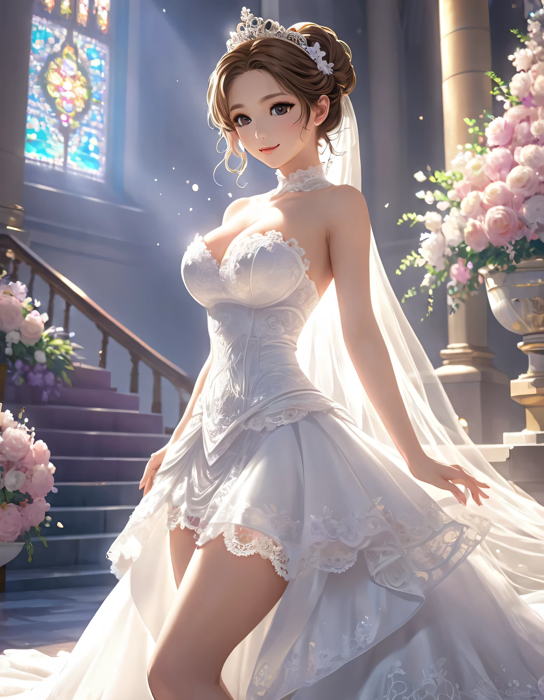 ((Best Quality,  Hi-Res,  Perfect Pixel , 4K)), ( Beautiful Anime Girl ),  depth of written border、  watching the audience,  perfect body,  Yuigahama Yui,  Brown Eyes 、 detail eyes、 single hair bun, (Big Breasts:1.3)、  focus on the chest 、Full body image,white stocking lace wedding dress,  Strapless , Bridal Tiara,  bridal veil, church、 Wedding Style、 smile、、  clevis、belly button、Thighs、