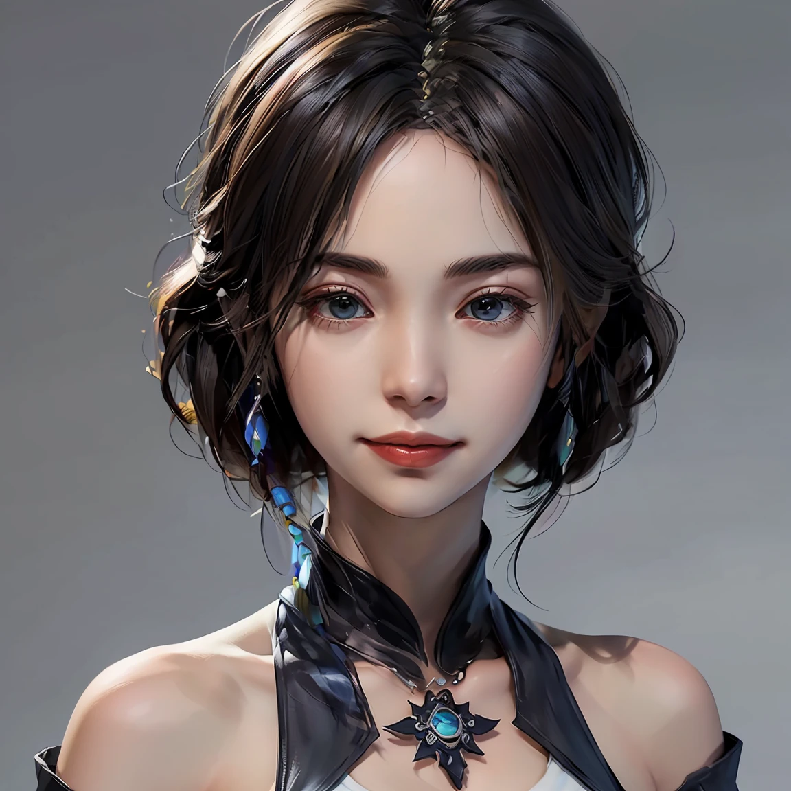 4K,1、(((Tops))), there is nothing, Super detailed), 1 female, 28 years old, Final Fantasy Yuna x2, More mature, ((  simple background)), (( There is nothing in the background )),  surreal, Yuna&#39;final fantasy costumes, Yuna&#39;  Final Fantasy X2 Original Costume Design, (((nsfw://www.  Creative Uncut  .。.。./Gallery - 01/ff10-2-Yuna 2...html))),  ragged denim shorts ,  Asymmetric Clothing Features  , , Optimal Clothing Simulation, It&#39;s not a necklace, 1 female, Windy Night, Yuna's Bob Hairstyles, Big Breasts, , middle_Chest, Thick body, smile, Baggy Sleeveless  ,,  close-up shot  ,  shot from the front, Zoom in shot, Access HIPS image scope, smile with closed mouth, Head to waist,  staring at the camera , I&#39;Iはあなたを見ています, Yuna FFX, Blue Beaded Earrings  ,((( Only the upper body is completely naked  ))),smile,Walking around town