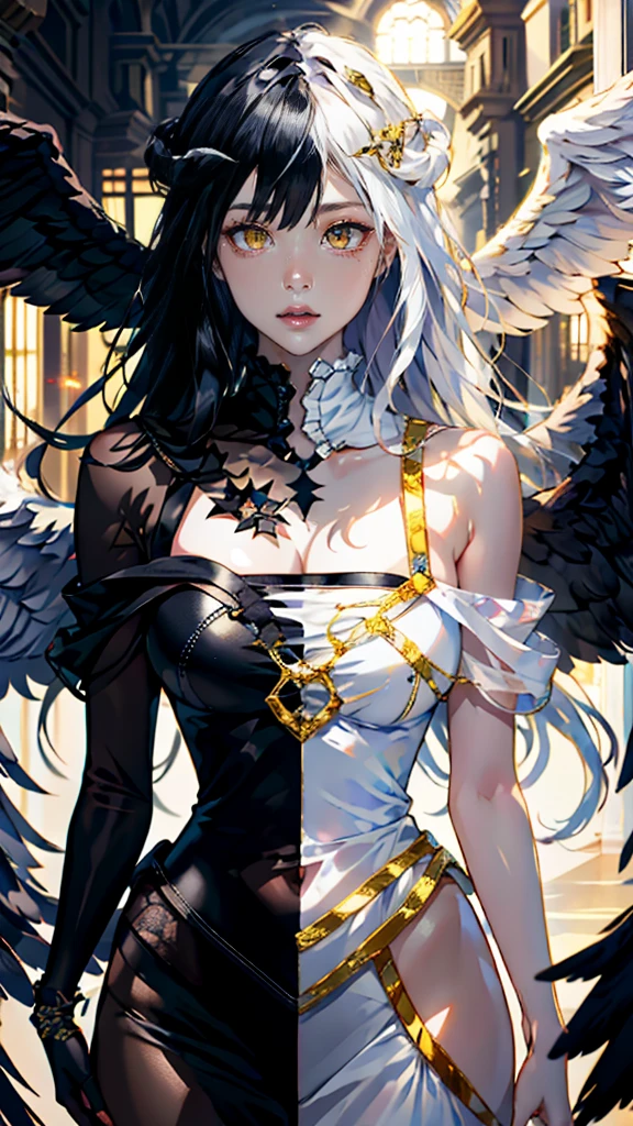 Meisterwerk, best qualit, high res, al1, demon horns, geschlitzte Pupillen, white gloves, white dress, nackte Schultern, Abnehmbarer Kragen, Spaltung, black wings, feathered wings, low wings, Cowboy erschossen, stehend, Verlies, evil smile, Die Hand ausstrecken, Ausgebreitete Arme, ausgestreckte Arme,