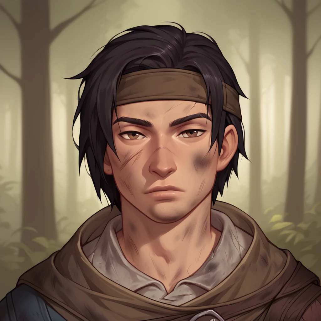 (((beautiful, high quality, detailed face))), score_9, score_8_up, score_7_up, BREAK, male adventurer, RPG rogue, lanky, gangly, slender, Nose bridge, Big nose, (dark hair:1.3), buzz cut, headband, fresh cuts, bruises, dirty clothes, bandoleer, pockets, lots of pockets, cloak, cocky expression, dirty, dusty, 1man, young, male focus, solo, portrait, upper body, portrait, forest background, fantasy, blurred background, Expressiveh, detailxl