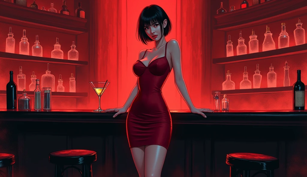 (masterpiece:1.2, best quality), 1girl, 18yo, small breast, (nipple, topless, naked breast:1.2), black dress, ginger hair, femme fatale, noir, red lipstick, itting in a bar, crossed legs, night, black, dark, 1930s, anime minimalist, watercolor