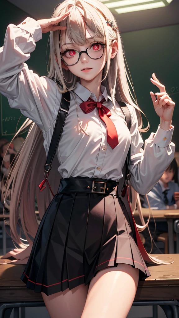 (masterpiece,  best quality: 1.2), night(  Chainsaw Man ),( very detailed face , Real images, realistic skin, Realistic body intricate details), Red Eyes (Terrifying look ),  Light blush  , Social Clothing, Half buttoned shirt (White),  White bra, skirt (black), black belt with buckle, Short hair,  glasses, Small Breasts, close-up, thigh, classroom, blackboard.