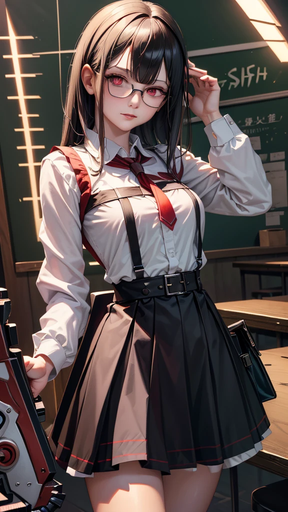 (masterpiece,  best quality: 1.2), night(  Chainsaw Man ),( very detailed face , Real images, realistic skin, Realistic body intricate details), Red Eyes (Terrifying look ),  Light blush  , Social Clothing, Half buttoned shirt (White),  White bra, skirt (black), black belt with buckle, Short hair,  glasses, Small Breasts, close-up, thigh, classroom, blackboard.