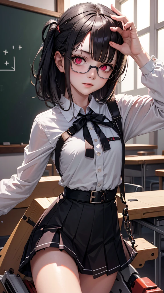 (masterpiece,  best quality: 1.2), night(  Chainsaw Man ),( very detailed face , Real images, realistic skin, Realistic body intricate details), Red Eyes (Terrifying look ),  Light blush  , Social Clothing, Half buttoned shirt (White),  White bra, skirt (black), black belt with buckle, Short hair,  glasses, Small Breasts, close-up, thigh, classroom, blackboard.