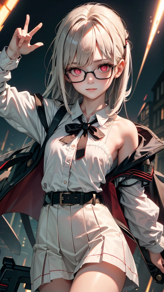 (masterpiece,  best quality: 1.2), night(  Chainsaw Man ),( very detailed face , Real images, realistic skin, Realistic body intricate details), Red Eyes (Terrifying look ),  Light blush  , Social Clothing, Half buttoned shirt (White),  White bra, skirt (black), black belt with buckle, Short hair,  glasses, Small Breasts, close-up, thigh, classroom, blackboard.