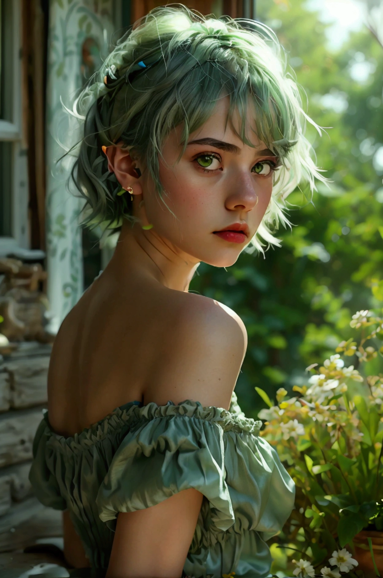 masterpiece,  Best quality , pompous skirt,high-detailed, cinematic luz,, 1 girl, Alone, feel, outdoor, summer house, feelting in the summer house,  plants, board, spider, candle, wind,  green eyes, pan-green silver hair,  short hair, animal_ears, animal_ear_fluff, floating hair, luz, light frown , profile, looking at the viewer, dynamic_angle