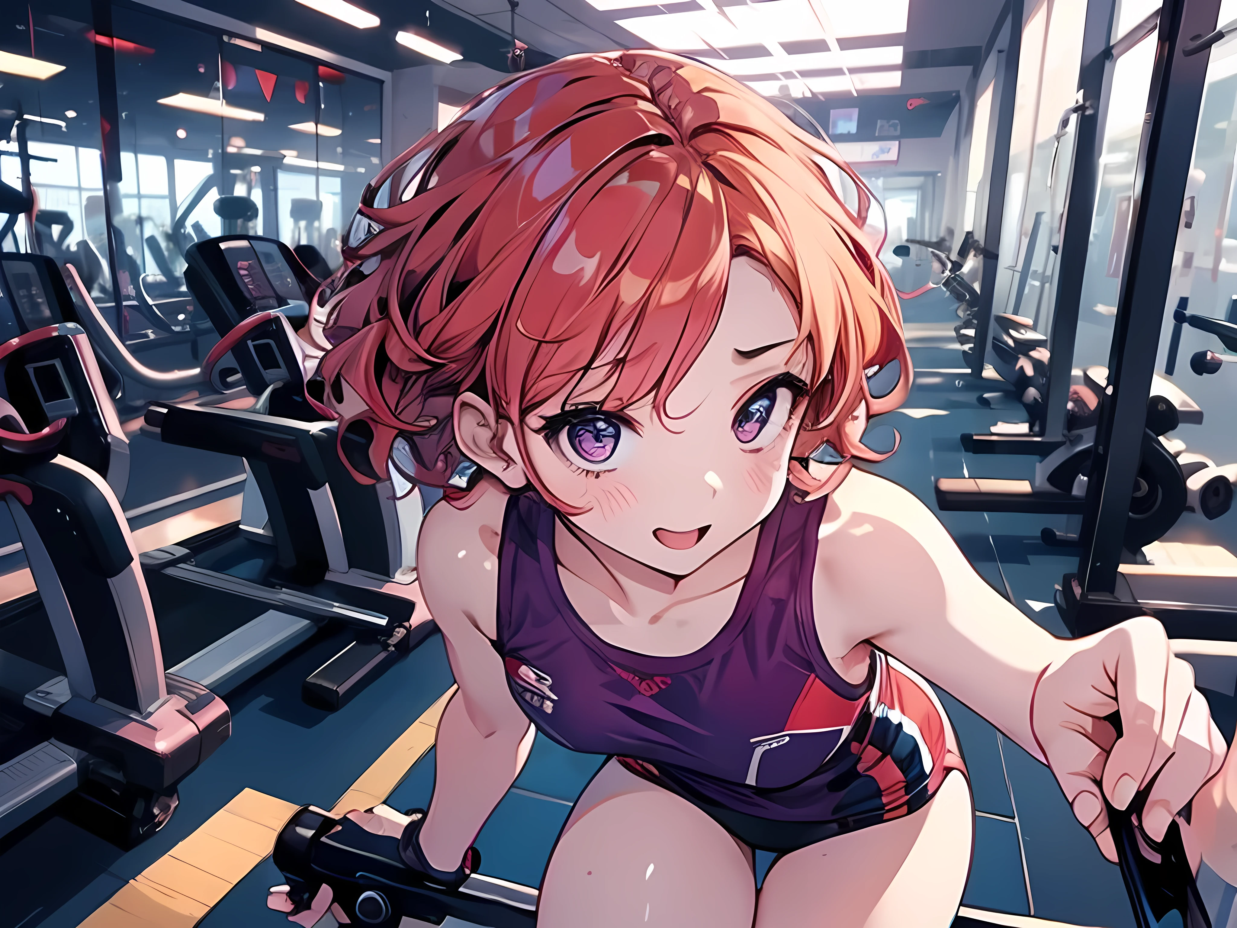 Super detailed,(masterpiece)、(Best Quality)、 1. Holds highly detailed faces  , short hair,  Red Hair, small breasts,Big Eyes,  purple  ,Gym in the morning,Gym Wear,Running on a treadmill