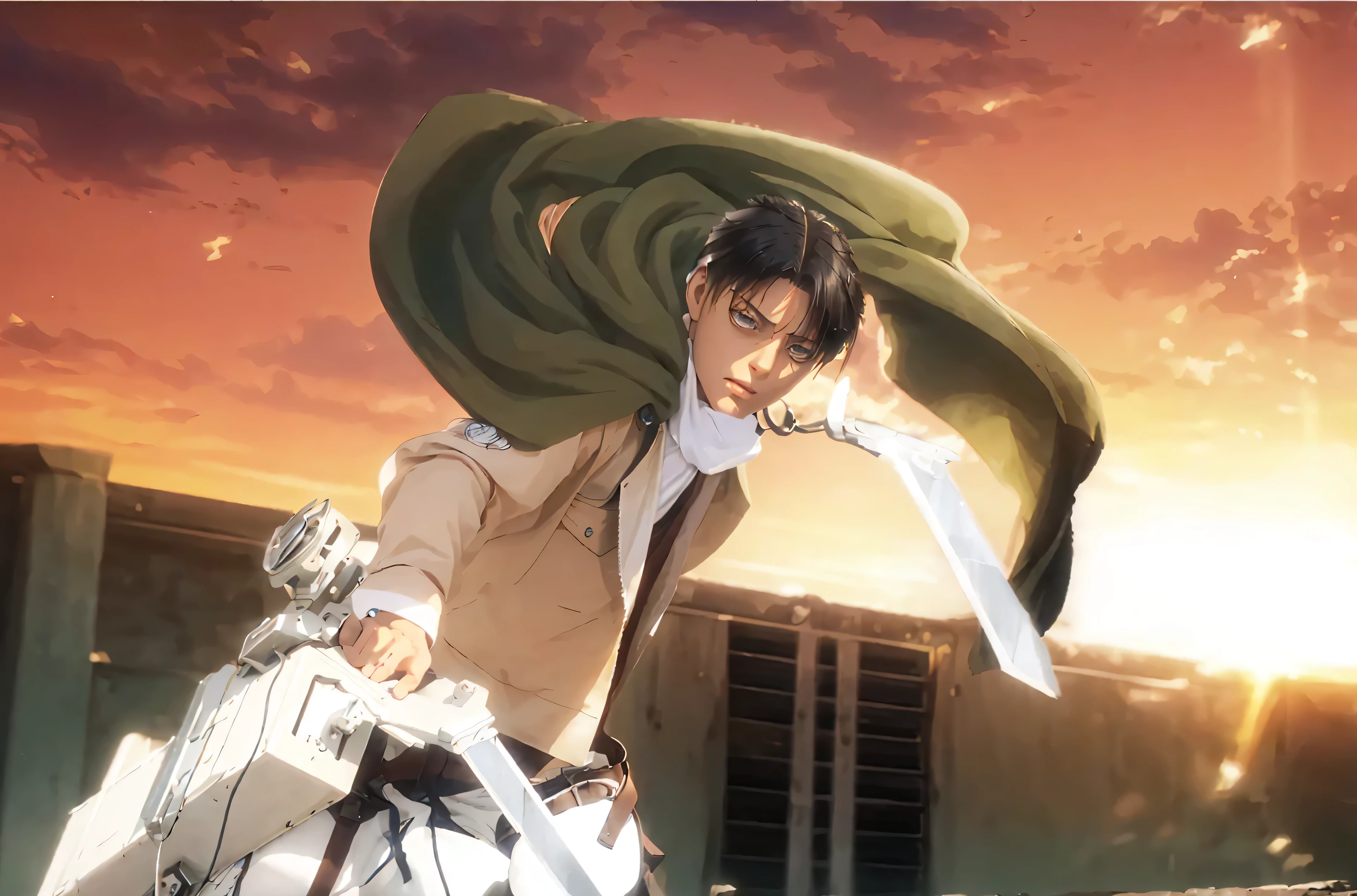 ((LEVI ACKERMAN_SHINGEKI NO KYOJIN)((realistic, photorealistic)),(highlight hair)), Light reflection, (( HD )),((upper body)), (((best quality, masterpiece))), (masterpiece) (best quality) (detail) (8k) (HDR) (wallpaper) (cinematic lighting) (sharp focuasterpiece, best quality: 1.1), Real life adaption of this character, realistic outfit, realistic shadow, realistic light, realism, hyper realistic, realistic background,realistic hair,(photorealistic:1.2), (masterpiece: 1.2), (best quality: 1.3), (clear details: 1.3), ((((ultra-detailed)))), ((detailed eyes)), (extremely detailed face:1.4), (highly detailed eyelash:1.6), Ada_re4, (sitting),(beautiful face:1.5), (Masterpiece, Top Quality: 1.2),masculine male, masterpiece, ((perfect eyes)) best quality, (semirealism:1.9), beautiful lighting, (extremely detailed CG unity 4k fhd wallpaper), High Detail, Sharp focus, dramatic outdoors, 1 boy ,19 years old, white hair, light purpel eyes, smile. Attack on titan logo on sleeve
1boy, style cartoon, levi ackerman, Super Deformed Character, A detailed illustration of a beautiful cute kawaii chibi in a old village, levi from anime attack on titan, sword in hand vertical maneuvering equipment, narrow, intimidating dull gray eyes with dark circles under them and a deceptively youthful face, frowning or expressionless, in his Survey Corps uniform with green hooded cloak, serious mood, awesome full color, high quality, highly detailed, 8K Ultra HD,Sunset rays, brick walls, fire particles,