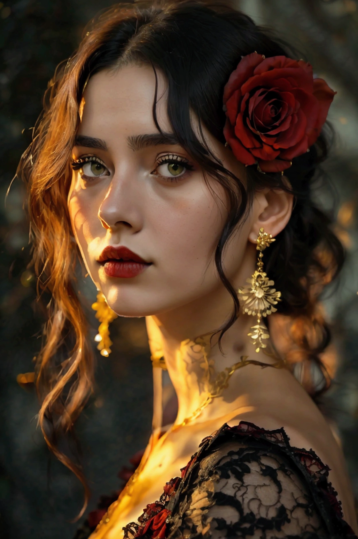 8K, RAW Photo, , Stylish photograph of a beautiful 25-year-old woman., square face, a red rose on the neck,  She wears a dress lace black and red ., golden earrings,  features Strong as a spinning dove, (piel altamente detallada: 1.2),  Medium brown hair with lights , Film grain, 35 mm, beautiful style