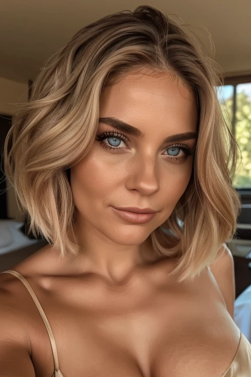 instagram selfie of a 42 year old gorgeous woman, in love with the viewer , closeup, detailed skin face and eyes, natural lighting , at home , shoulder-long thick blond hair, in a bob haircut, wearing silk pajamas , film grain, natural face, grey eyes, dark circles under eyes, big breasts, cleavage, wide shoulders