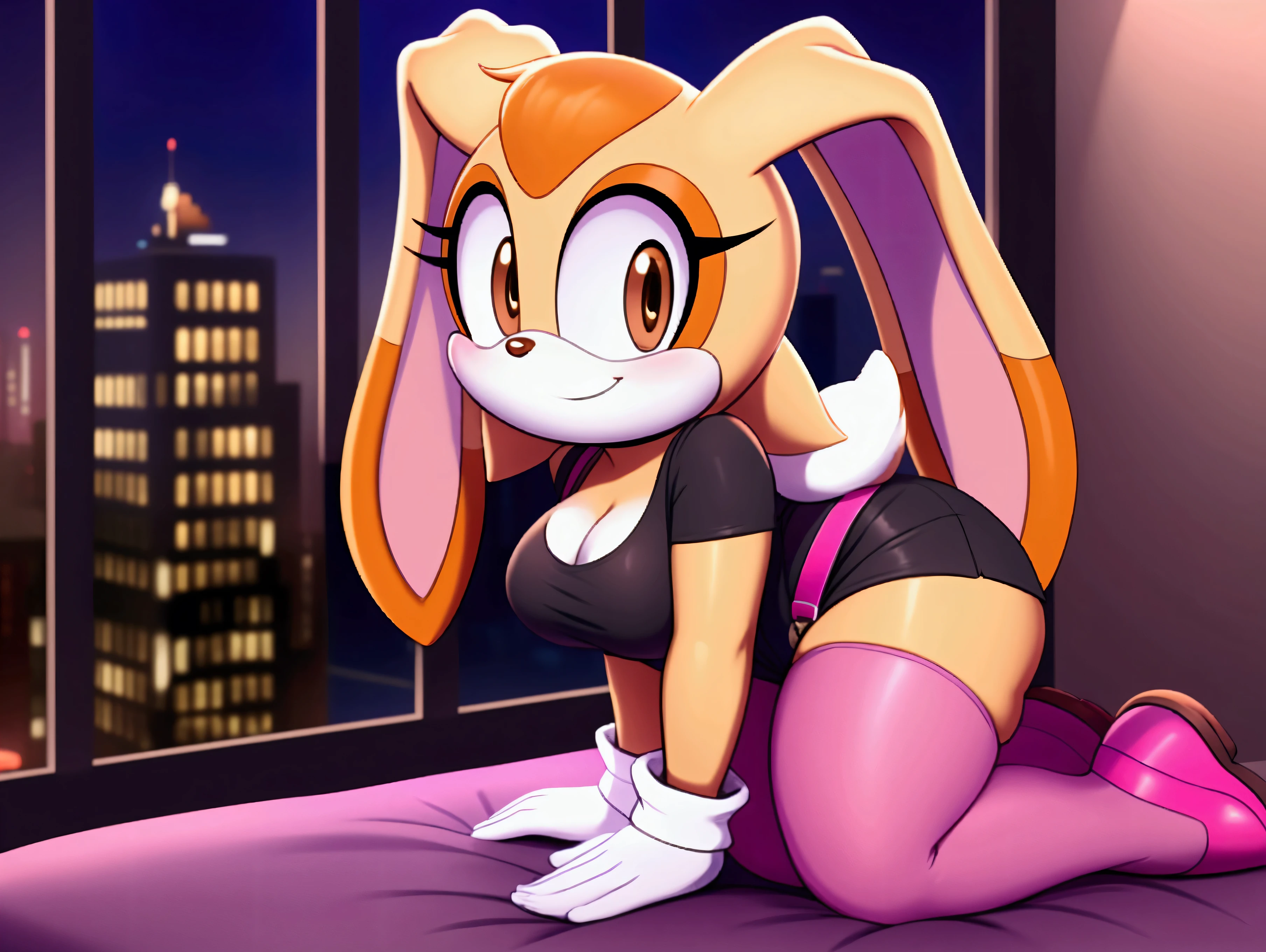 Cream the rabbit, ,sitting on her knees facing forward ,in bed,looking at the viewer,in the background the city at night ,,lights on the ceiling,flirtatious look, white gloves,Smiling,large thighs,white skirt ,pink stockings with black suspenders,Brown eyes ,white shoes , black t-shirt