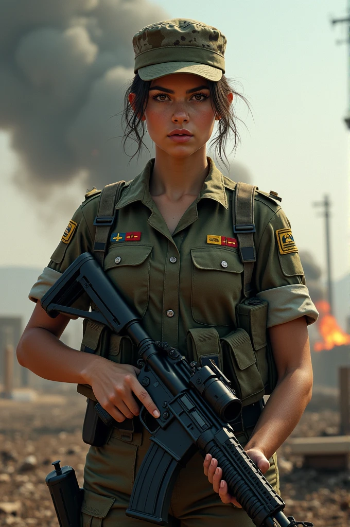 view wide angle, ilustrasion, (best mayakerya), beautiful woman with short hair, green eyes, medium breasts, wearing military uniform, complete with military attributes, M_16 machine gun, unreal machine, tight pants, big thighs, post-war background, destroyed building, street broken, sharp lighting, Highly detailed, intricate, 8k resolution,