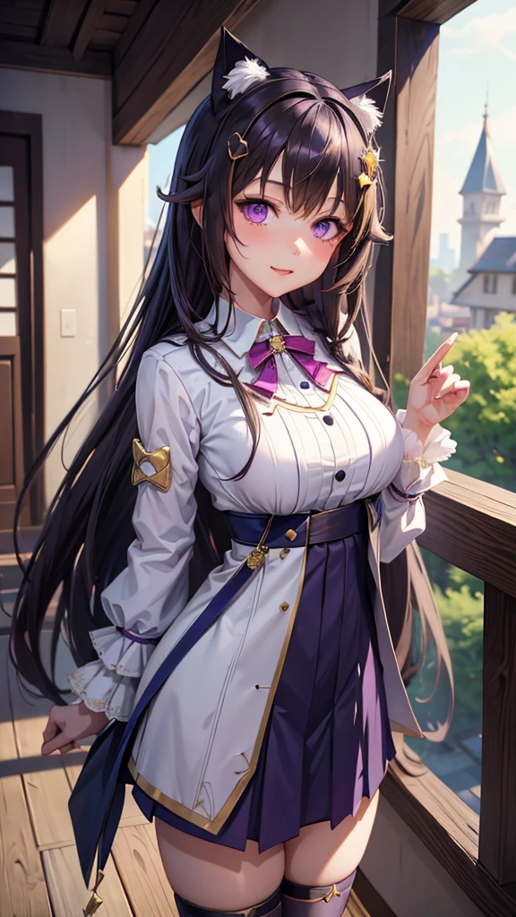 Anime Girl, Purple cat ears, Long hair,  gorgeous clothes ,  Gouvez style , 4k resolution,  cgstation pop, antique architecture , Tempting girl, Attractive, Genshin Crew ,  anime style, 8K,  beautiful anime woman , Girls Frontline.