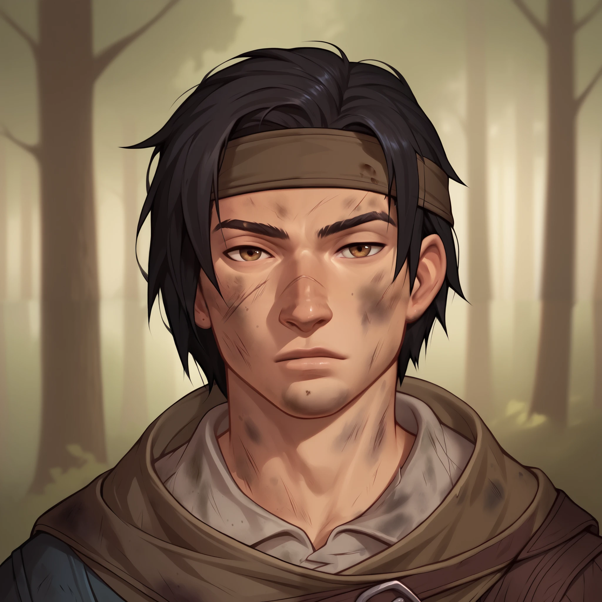 (((beautiful, high quality, detailed face))), score_9, score_8_up, score_7_up, BREAK, male adventurer, RPG rogue, lanky, gangly, slender, Nose bridge, Big nose, (dark hair:1.3), buzz cut, headband, fresh cuts, bruises, dirty clothes, bandoleer, pockets, lots of pockets, cloak, cocky expression, dirty, dusty, 1man, young, male focus, solo, portrait, upper body, portrait, forest background, fantasy, blurred background, Expressiveh, detailxl