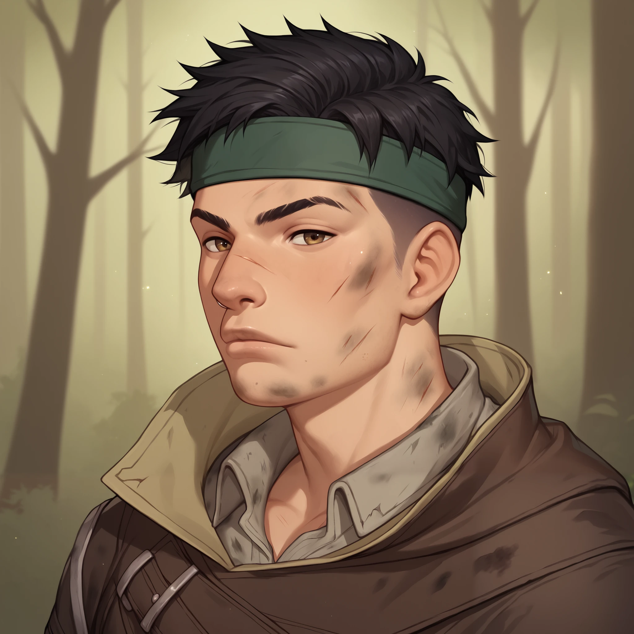 (((beautiful, high quality, detailed face))), score_9, score_8_up, score_7_up, BREAK, male adventurer, RPG rogue, lanky, gangly, slender, Nose bridge, Big nose, (dark hair:1.3), buzz cut, headband, fresh cuts, bruises, dirty clothes, bandoleer, pockets, lots of pockets, cloak, cocky expression, dirty, dusty, 1man, young, male focus, solo, portrait, upper body, portrait, forest background, fantasy, blurred background, Expressiveh, detailxl