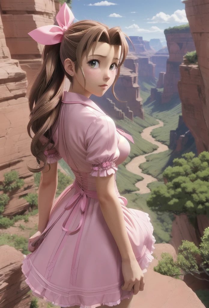 Aerith Gainsborough with pink ribbon from back, view a canyon. anime, final fantasy