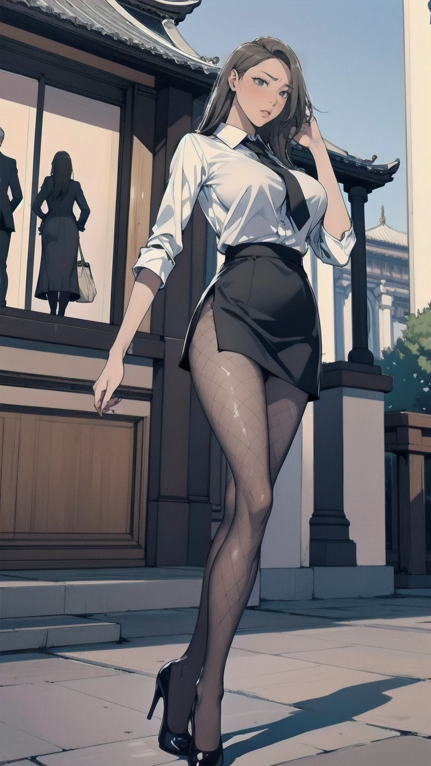 masterpiece, Best Quality,  Hi-Res,  big breasts at the temple,  thin waist, Long legs, Thin legs, Business shirts, Roll up your sleeves, tie,  plaid skirt,  fishnet tights, Sandals,  high heels, Earrings