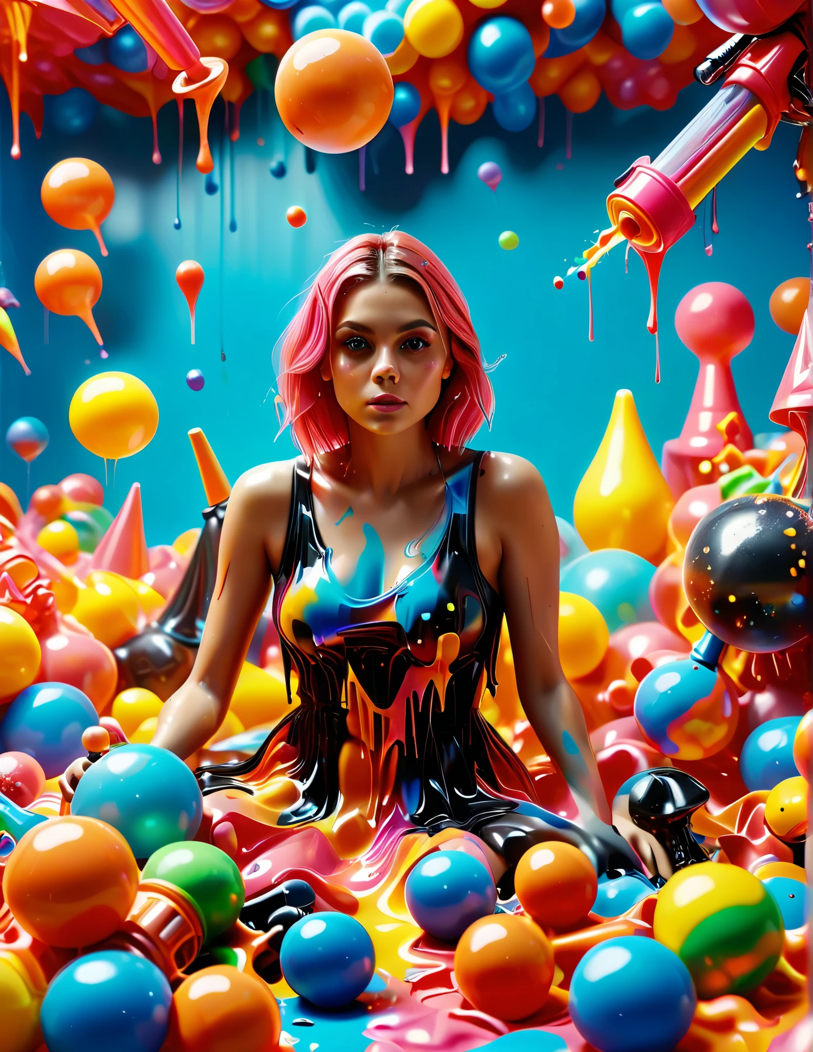 photorealistic beautiful detailed portrait of a woman, facing the camera, sitting on top of a giant pile of plastic toys including squirt guns, tricycles, dolls with large busts, action figures, ball bats, frisbees and yo-yos, being melted down into vibrant shiny neon colored goop, cinematic 3D photography, bright colors, reflective slick melted plastic, dripping splattered melted plastic in every color, extremely detailed facial features, large eyes, long eyelashes, beautiful lips, high quality, photorealistic, hyper detailed, ultra-detailed, masterpiece, (best quality,8k,highres,masterpiece:1.2),ultra-detailed,(realistic,photorealistic,photo-realistic:1.37),HDR,studio lighting,physically-based rendering,extreme detail description,professional,vivid colors,bokeh,portrait photography,attention to facial features,colorful plastic flying towards the viewer