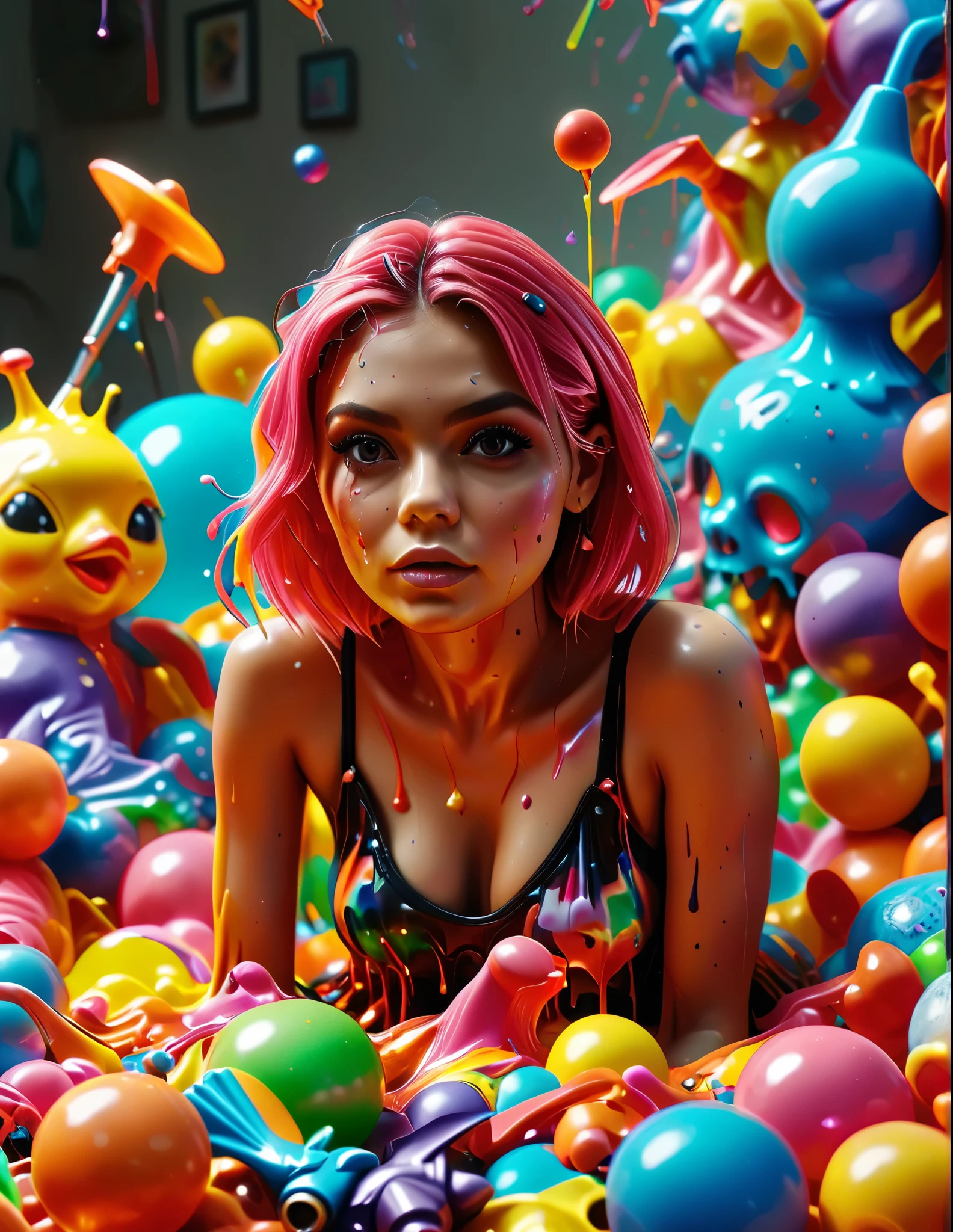 photorealistic beautiful detailed portrait of a woman, facing the camera, sitting on top of a giant pile of plastic toys including squirt guns, tricycles, dolls with large busts, action figures, ball bats, frisbees and yo-yos, being melted down into vibrant shiny neon colored goop, cinematic 3D photography, bright colors, reflective slick melted plastic, dripping splattered melted plastic in every color, extremely detailed facial features, large eyes, long eyelashes, beautiful lips, high quality, photorealistic, hyper detailed, ultra-detailed, masterpiece, (best quality,8k,highres,masterpiece:1.2),ultra-detailed,(realistic,photorealistic,photo-realistic:1.37),HDR,studio lighting,physically-based rendering,extreme detail description,professional,vivid colors,bokeh,portrait photography,attention to facial features,colorful plastic flying towards the viewer