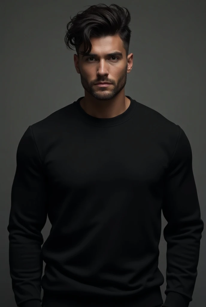 Wearing a black T-shirt and black pants, a short-cut man with a little beard, wearing a black watch on his left hand, with his right hand in his pants pocket, dark background, studio lights