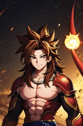 1male, masterpiece, high detail, high res, monkey king, sun wukong, red open shirt, sun wukong armor, glowing yellow eyes, staff, monkey tail, brown hair, brown fur on arms and torso, white skin, spiley hair, human face, perfect face, smile, red eyeliner, brown hair, ssj4, crown