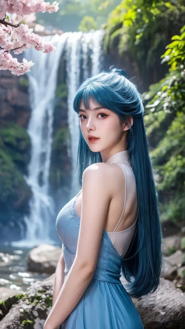 1girl, Solo, High Resolution, Long Hair, Blue eyes, Closed Mouth, Blue Hair, 8K Octane, wearing blue dress,  Behind waterfall,Behind Pink Sakura trees 