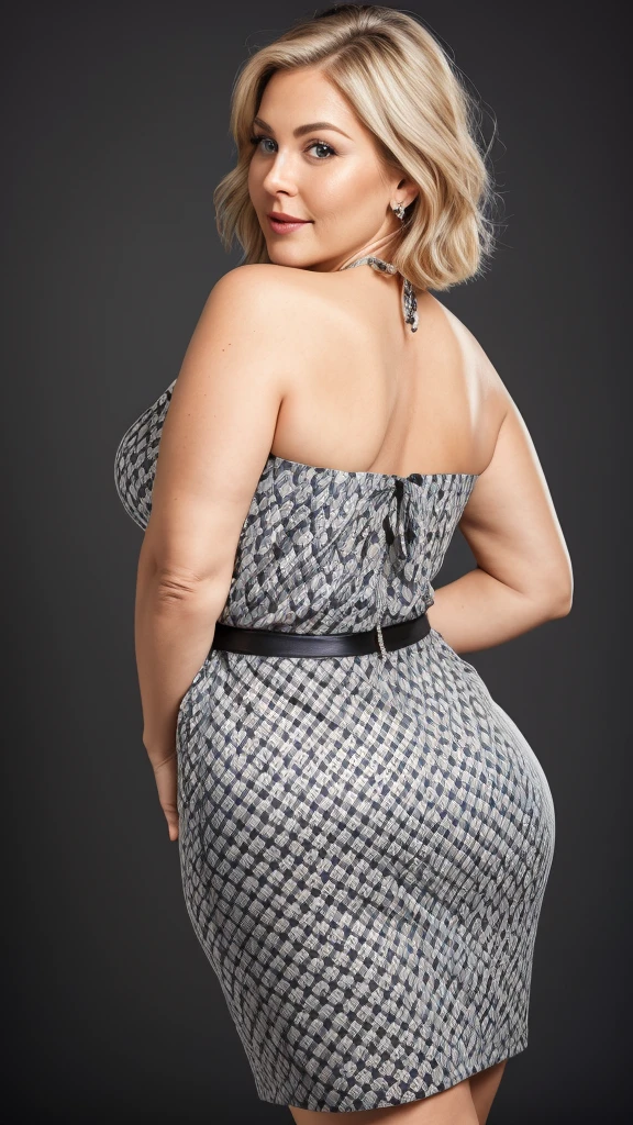 1 mature woman in, 60 years old, Alone, medium casual hair, Bob hair, curvy body, Looking at Viewer, whitehair, Bare shoulders, Brown eyes, jewely, Full body, a necklace, off shoulders, (wearing elegant patterned yellow heart tie dresses ), Distant photo, Realistic, A sexy one, beautiful colour, Perfect skin, 3 bust size, instagram (Realistic, A high resolution),photo size 3:4, 1 cute sexy mature woman, large expressive blue eyes, happy, (8K, raw photo, Best quality, High detail, curvaceous forms, curvy body, seductive pose, in the studio Foto with three ports lighting, with black wall background. Her back is turned to the photographer.