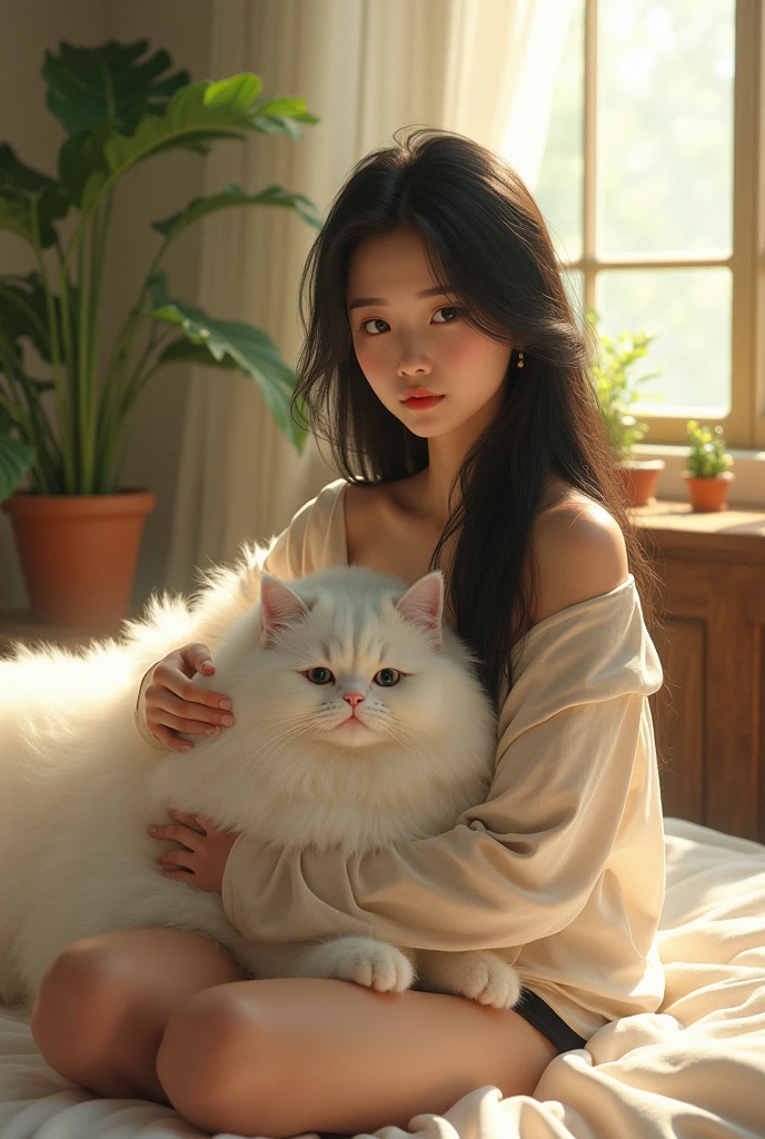 Design a heartwarming scene as the young Malay woman interacts with 3 of her beloved cat pet, big fluffy white persian cat, very cute malay woman with beautiful small petite body, wear small beginner cotton bra and kain batik, wear glasses, short golden brown hair, bob haircut with bangs, small petite body, showcasing the bond between them in a cozy home setting, bright lighting, happy, 8k, high quality, ray lighting,