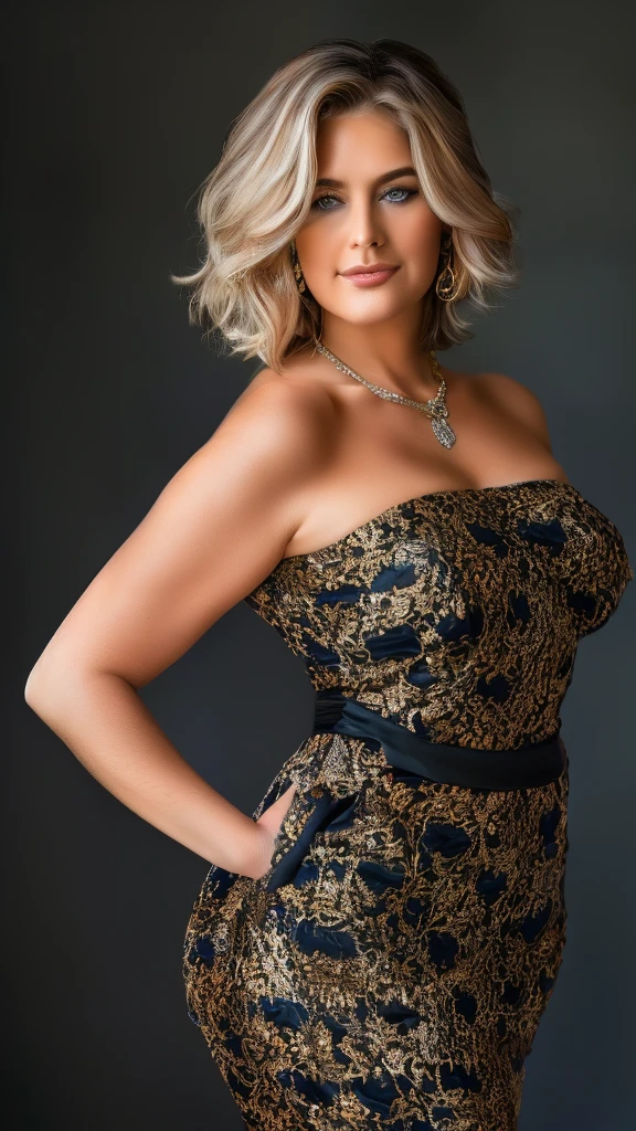 1 mature woman in, 60 years old, Alone, medium casual hair, Bob hair, curvy body, Looking at Viewer, grayblondehair, Bare shoulders, Brown eyes, jewely, Full body, a necklace, off shoulders, (wearing elegant patterned yellow heart tie dresses ), Distant photo, Realistic, A sexy one, beautiful colour, Perfect skin, 3 bust size, instagram (Realistic, A high resolution),photo size 3:4, 1 cute sexy mature woman, large expressive blue eyes, happy, (8K, raw photo, Best quality, High detail, curvaceous forms, curvy body, seductive pose, in the studio Foto with three ports lighting, with black wall background. Her back is turned to the photographer. 