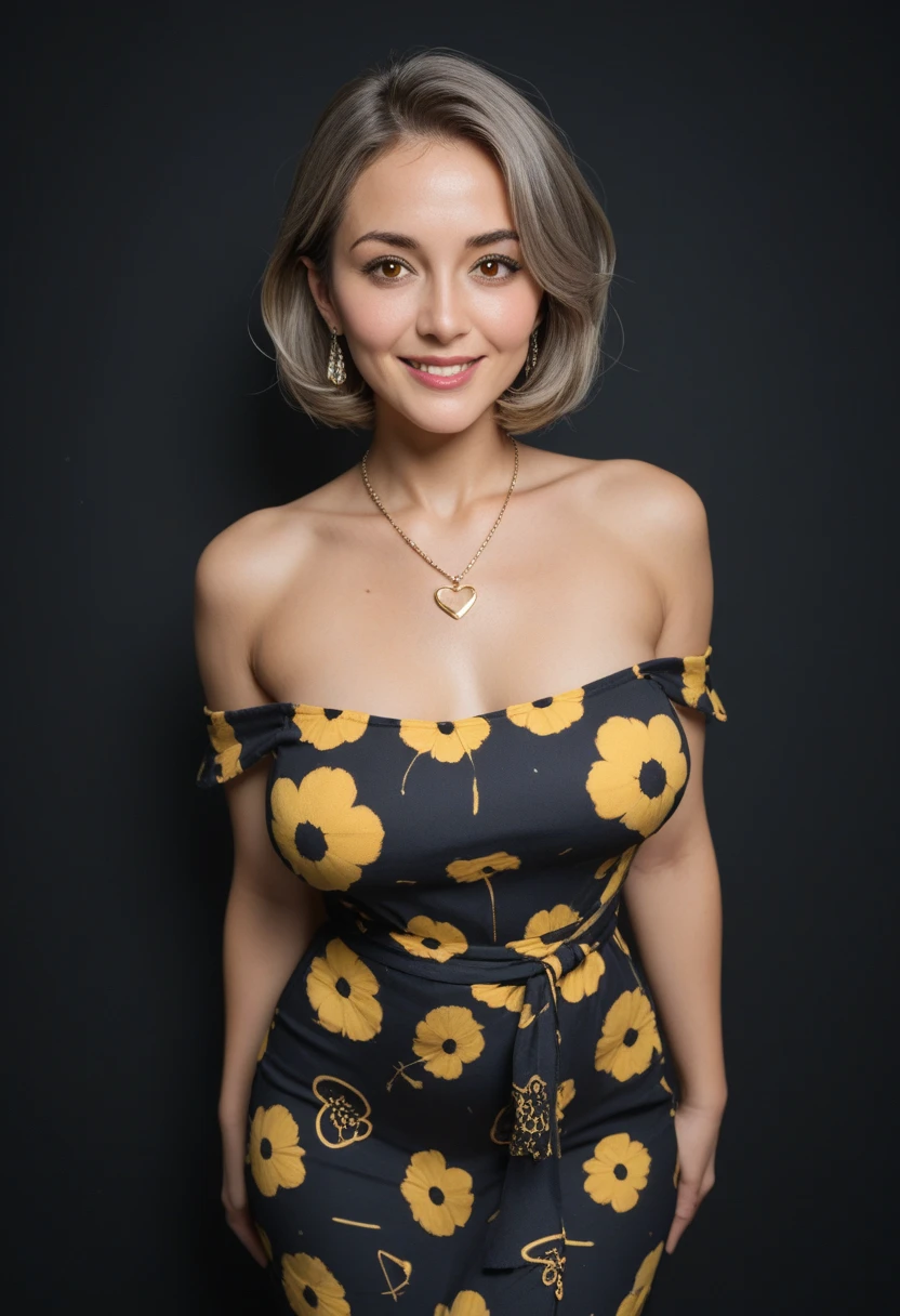 1 mature woman in, 60 years old, Alone, medium casual hair, Bob hair, curvy body, Looking at Viewer, grayblondehair, Bare shoulders, Brown eyes, jewely, Full body, a necklace, off shoulders, (wearing elegant patterned yellow heart tie dresses ), Distant photo, Realistic, A sexy one, beautiful colour, Perfect skin, 3 bust size, instagram (Realistic, A high resolution),photo size 3:4, 1 cute sexy mature woman, large expressive blue eyes, happy, (8K, raw photo, Best quality, High detail, curvaceous forms, curvy body, seductive pose, in the studio Foto with three ports lighting, with black wall background. Her back is turned to the photographer. 