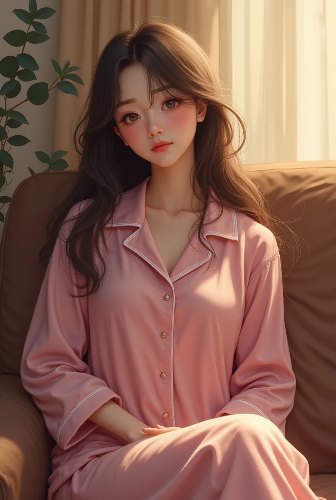 Sleeping girl, 22 years old, realistic, she is wearing long pants, she is wearing pink pajama, brown hair.