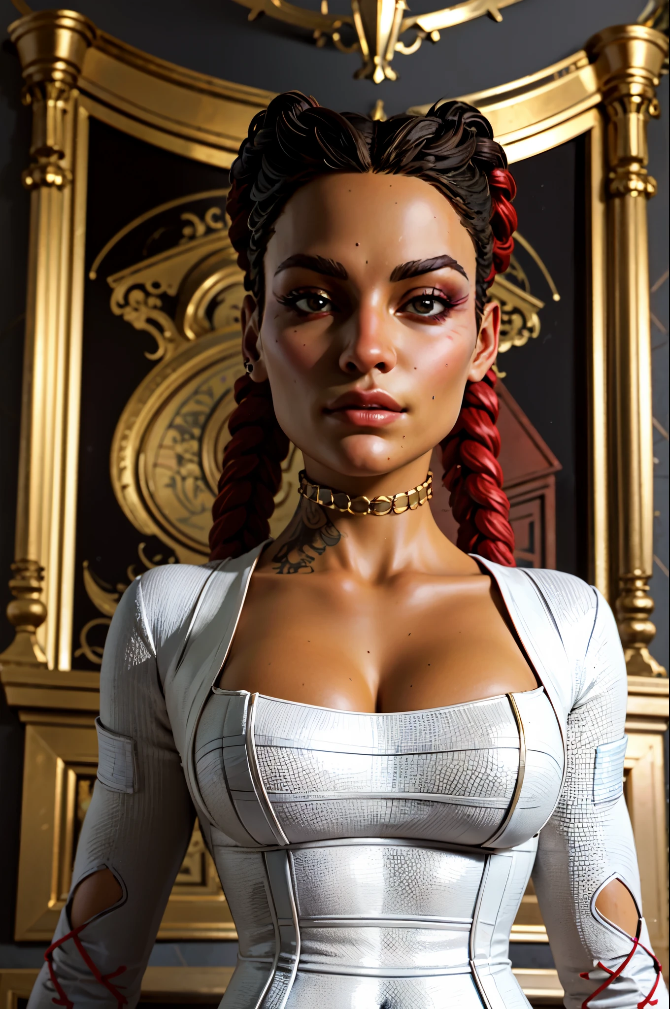 greedy, corsé greedypex, chaqueta greedypex, gargantilla greedypex, pendientes greedypex, twin braids,   sombra de ojos roja  , tattoo, portrait, neckline,  looking at the viewer,  Standing in the mansion, beautiful, ((masterpiece:1.2)), (( Best quality :1.2)),  extremely detailed face ,  perfect eyes ,  perfect face ,  Perfect lighting , 