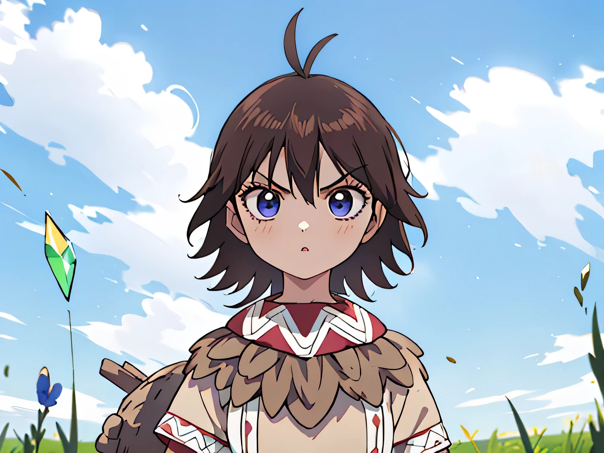 masterpiece, Best Quality,  1 girl, Nuclear, Ahoge, Brown Hair,  short hair,  blue eyes, poncho, Tunic,
Serious,  upper body, Alone, glass,  Blue Sky, Meadow Background 