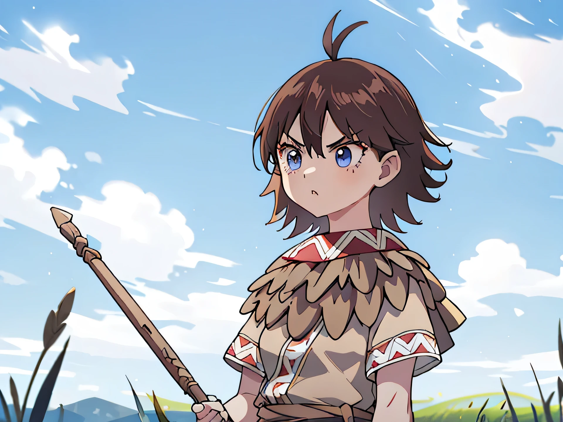 masterpiece, Best Quality,  1 girl, Nuclear, Ahoge, Brown Hair,  short hair,  blue eyes, poncho, Tunic,
Serious,  upper body, Alone, glass,  Blue Sky, Meadow Background 